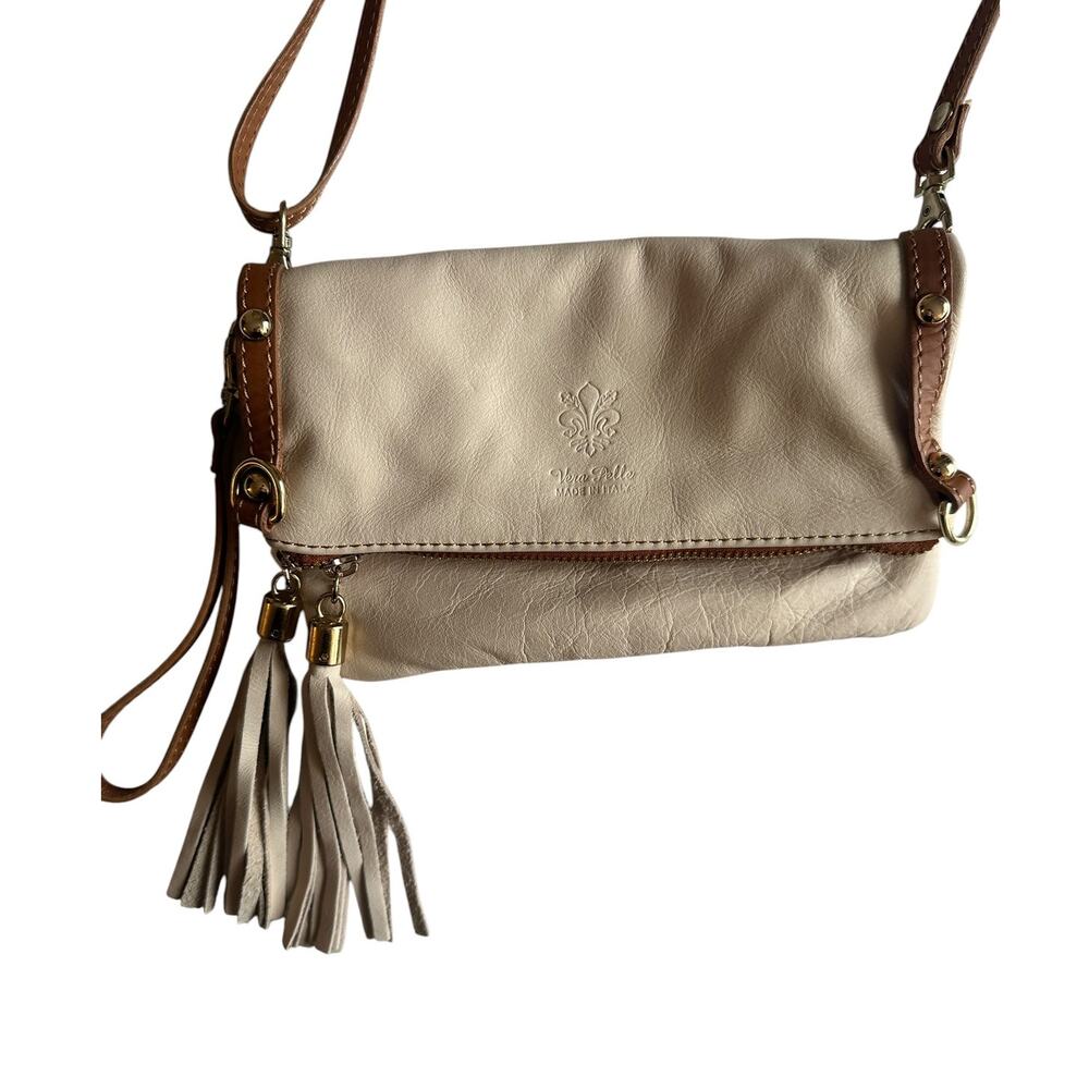Vera Pelle Italian Leather Foldover Crossbody Tassels Convertible Purse Wristlet